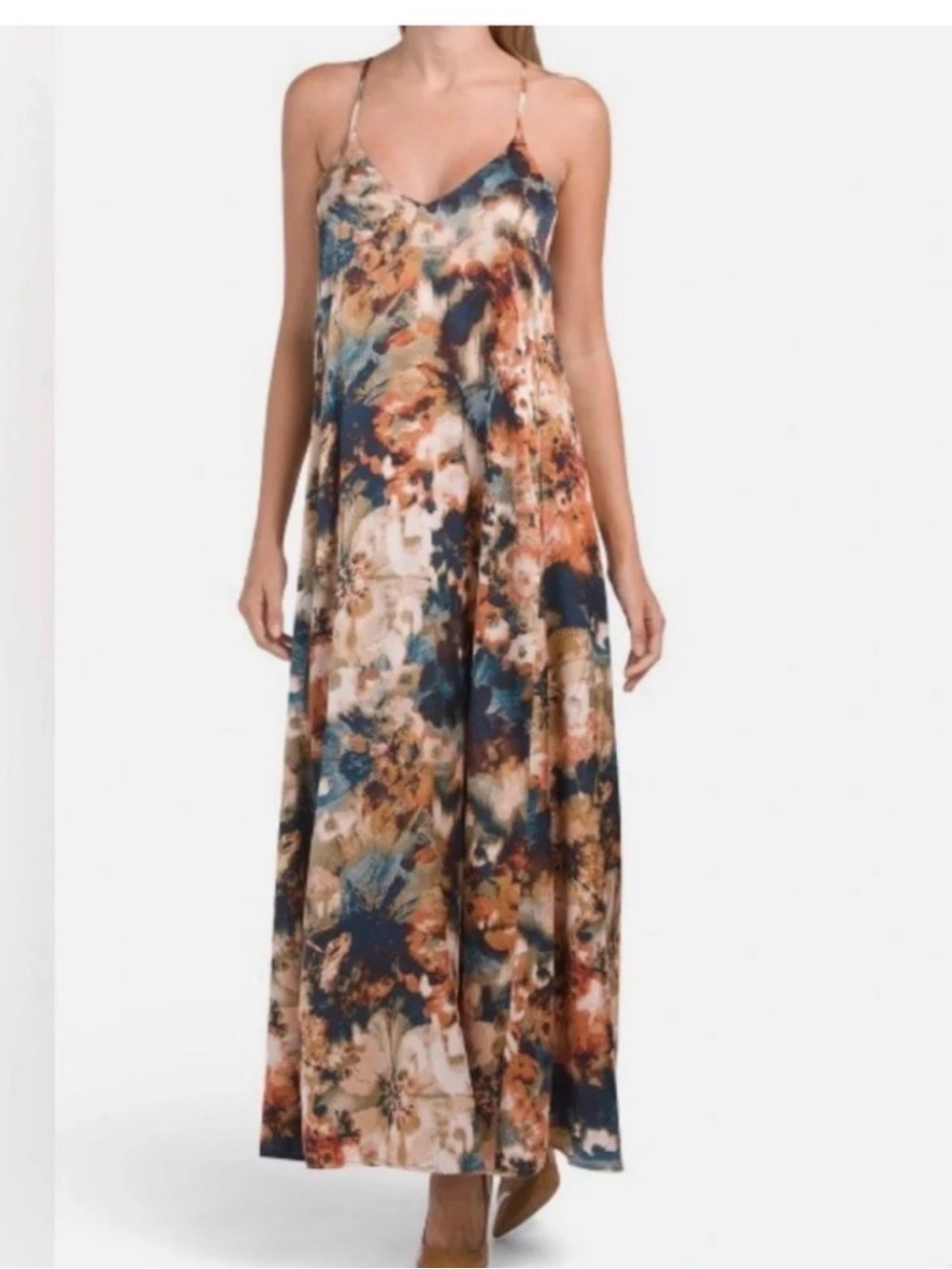 Nicole Miller Satin Maxi Dress Floral Watercolor Teal Blue Cream Rust Size Large
